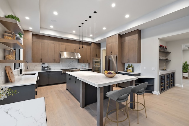 kitchen featuring sink, stainless steel appliances, a raised ceiling, pendant lighting, and a kitchen island