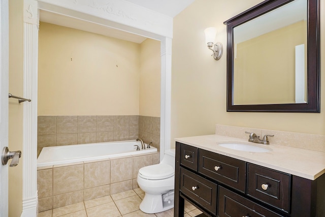 full bathroom featuring a bath, vanity, toilet, and tile patterned floors