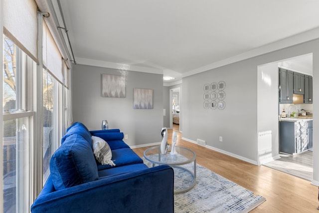 living room featuring light hardwood / wood-style flooring and ornamental molding