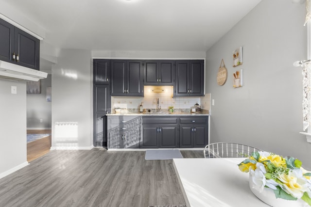 kitchen featuring decorative backsplash, wood-type flooring, and sink