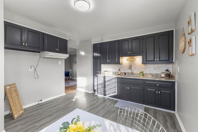 kitchen featuring light stone countertops, backsplash, dark wood-type flooring, and sink