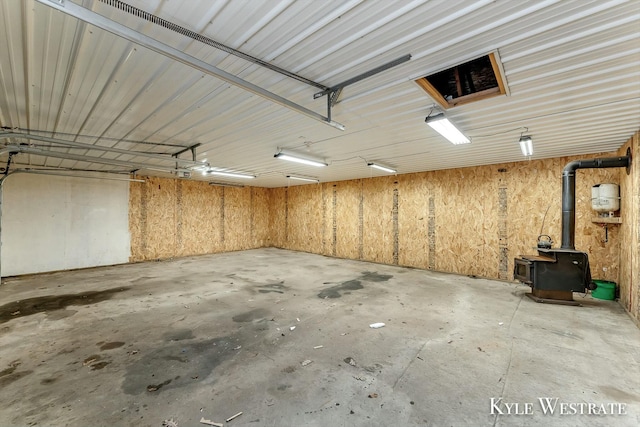 garage with a wood stove