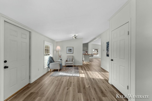 foyer entrance with vaulted ceiling and light wood-type flooring