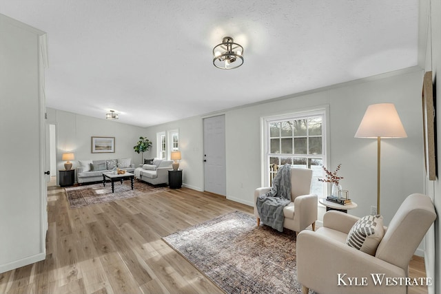 living room with lofted ceiling, a textured ceiling, and light hardwood / wood-style flooring