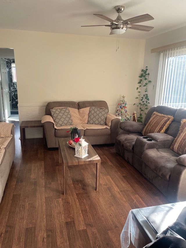 living room featuring ceiling fan and dark hardwood / wood-style floors