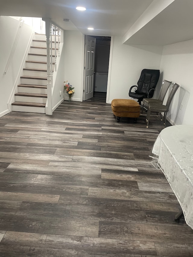 basement with dark wood-type flooring