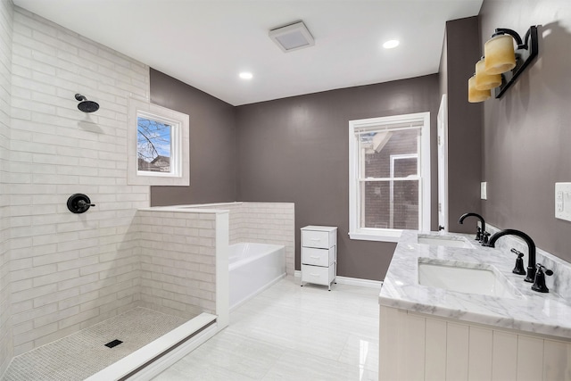 bathroom with vanity and plus walk in shower