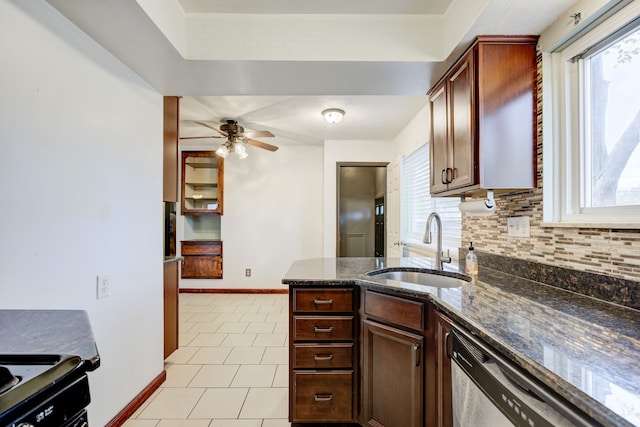 kitchen with decorative backsplash, stainless steel dishwasher, ceiling fan, sink, and light tile patterned flooring