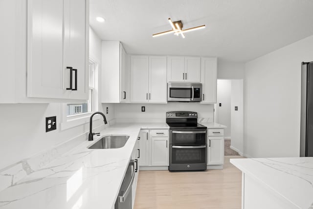 kitchen with light stone countertops, sink, white cabinets, and appliances with stainless steel finishes