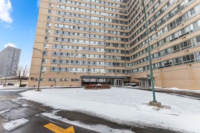 view of snow covered building