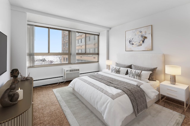 carpeted bedroom featuring a baseboard heating unit and a wall mounted AC