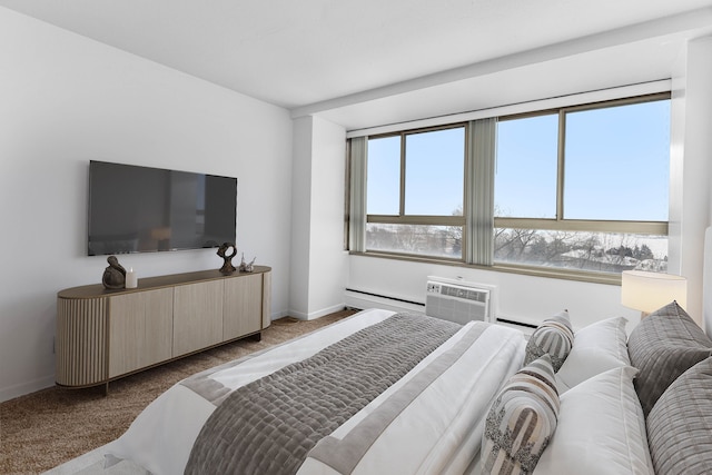 bedroom featuring a wall mounted air conditioner, carpet floors, and baseboard heating