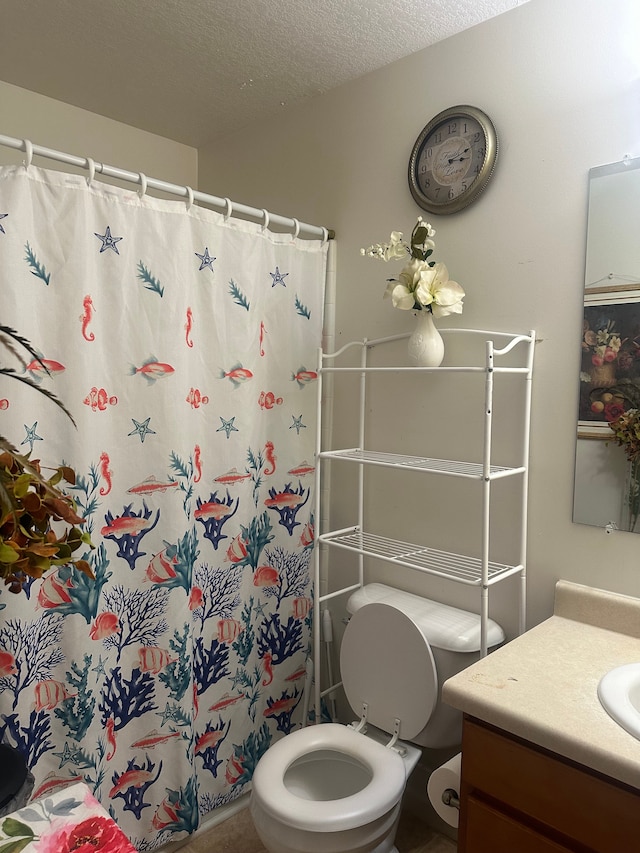 bathroom featuring a shower with curtain, vanity, toilet, and a textured ceiling