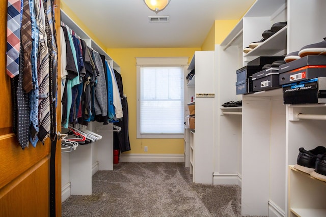 walk in closet with dark colored carpet