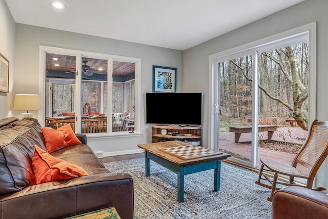 living room with hardwood / wood-style floors and ceiling fan