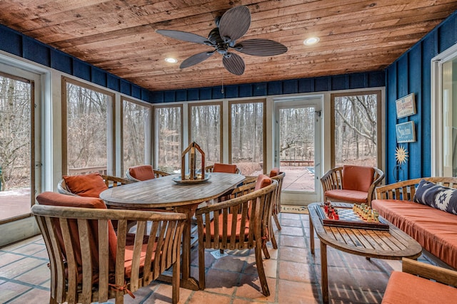 sunroom featuring ceiling fan and wood ceiling