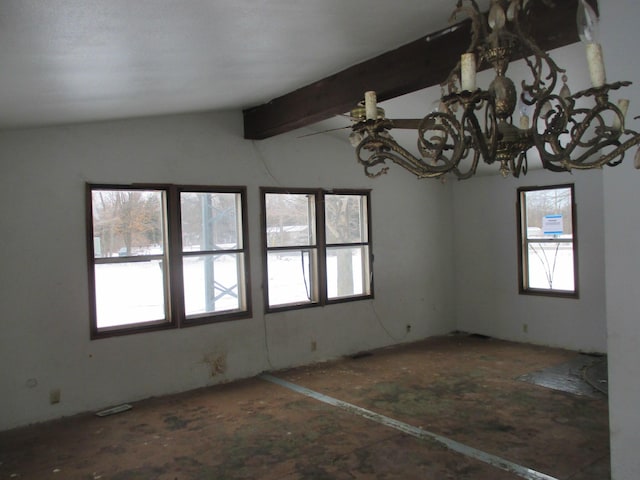 unfurnished room with vaulted ceiling with beams and a notable chandelier