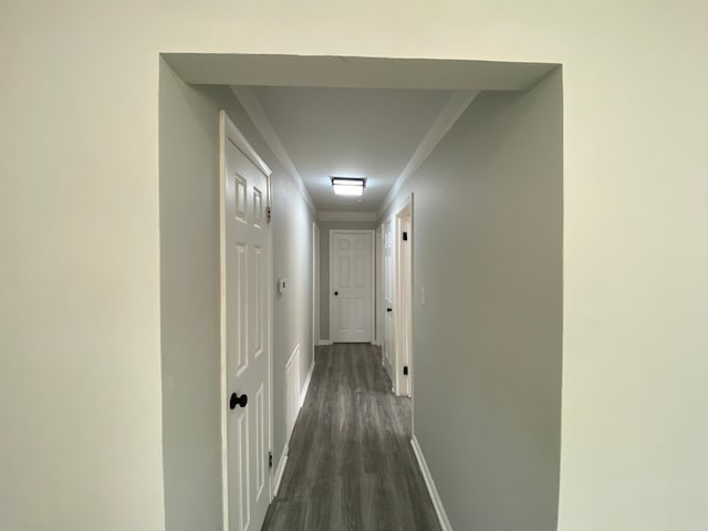 corridor with dark hardwood / wood-style floors and crown molding