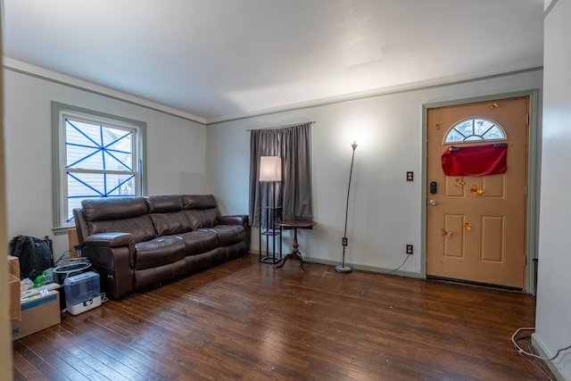 living room featuring a healthy amount of sunlight, dark hardwood / wood-style floors, and crown molding