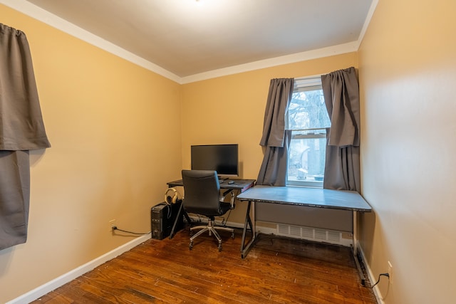 office area with ornamental molding and hardwood / wood-style floors