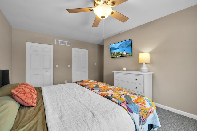 bedroom with ceiling fan, a closet, and carpet floors