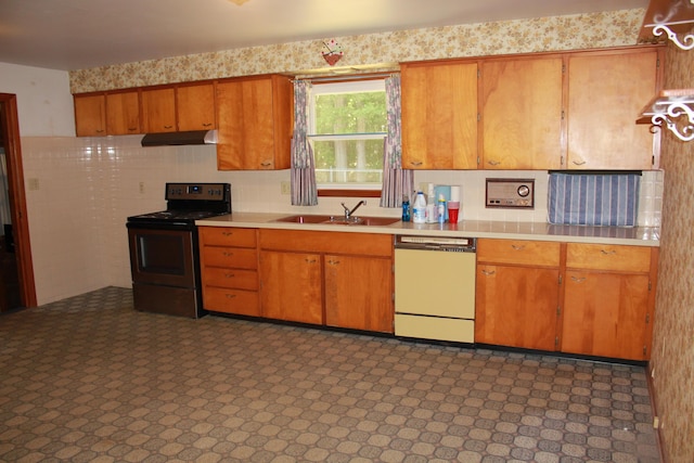 kitchen featuring electric range, sink, and white dishwasher