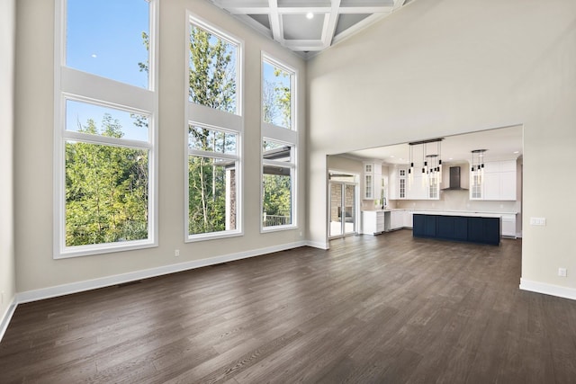 unfurnished living room with a high ceiling, beamed ceiling, dark hardwood / wood-style floors, and coffered ceiling