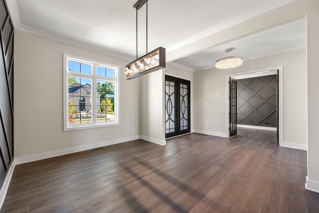 entrance foyer with crown molding, french doors, and dark wood-type flooring