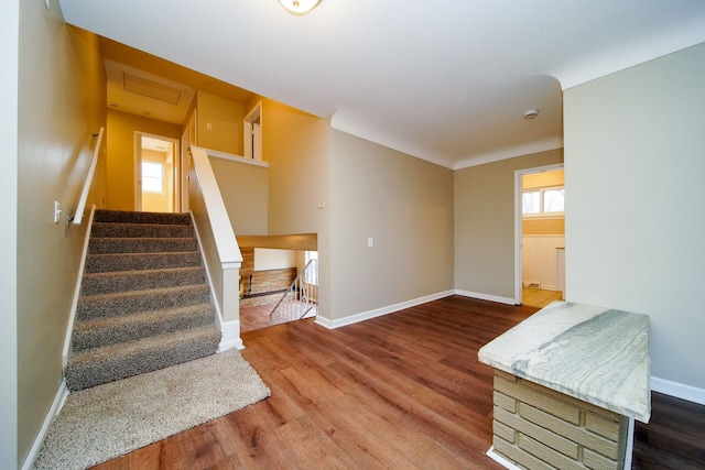 stairway with hardwood / wood-style floors