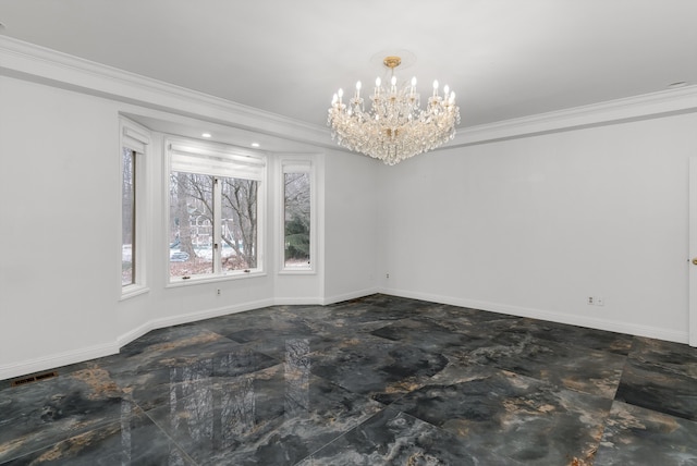 unfurnished room featuring a notable chandelier and crown molding