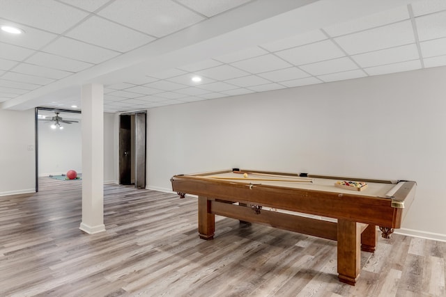 playroom featuring pool table, hardwood / wood-style flooring, and a drop ceiling