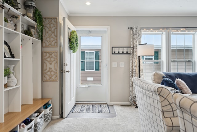 mudroom with light colored carpet