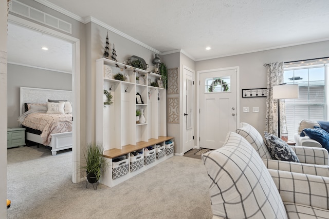 mudroom with carpet, a textured ceiling, and crown molding