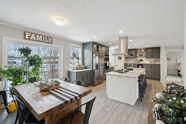 kitchen featuring island exhaust hood, crown molding, gray cabinetry, and an island with sink