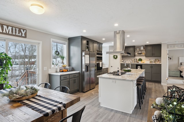 kitchen with stainless steel appliances, a kitchen breakfast bar, an island with sink, light hardwood / wood-style floors, and island range hood