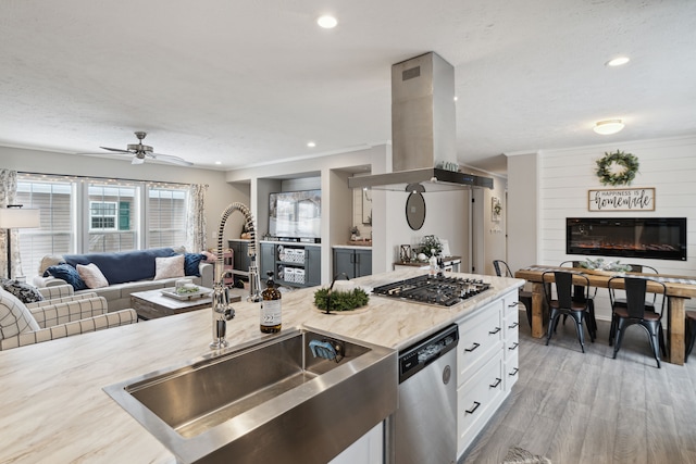 kitchen featuring light wood-type flooring, stainless steel appliances, island range hood, sink, and white cabinetry