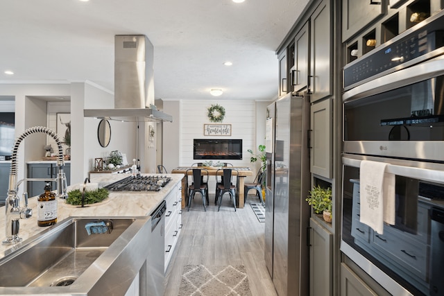 kitchen featuring island exhaust hood, stainless steel appliances, sink, a fireplace, and light hardwood / wood-style floors