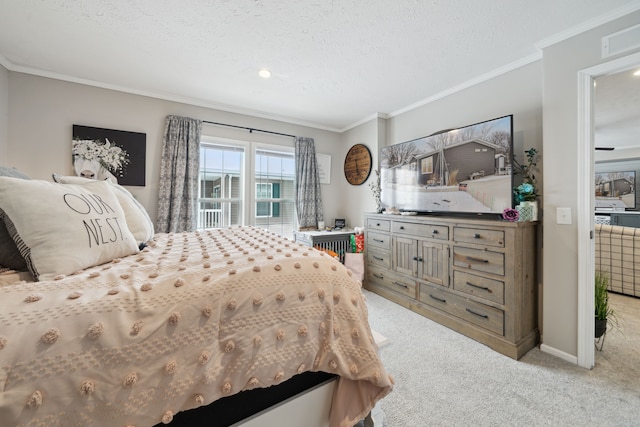 carpeted bedroom featuring a textured ceiling and ornamental molding