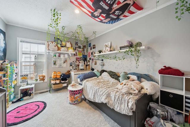 carpeted bedroom with crown molding and a textured ceiling