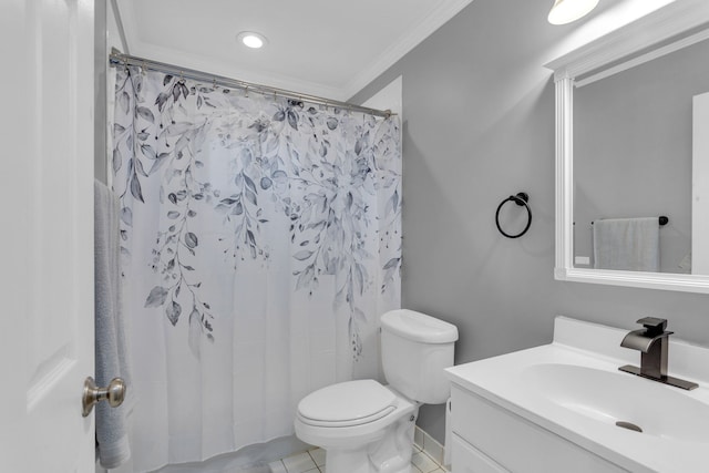 bathroom featuring vanity, tile patterned floors, crown molding, a shower with shower curtain, and toilet