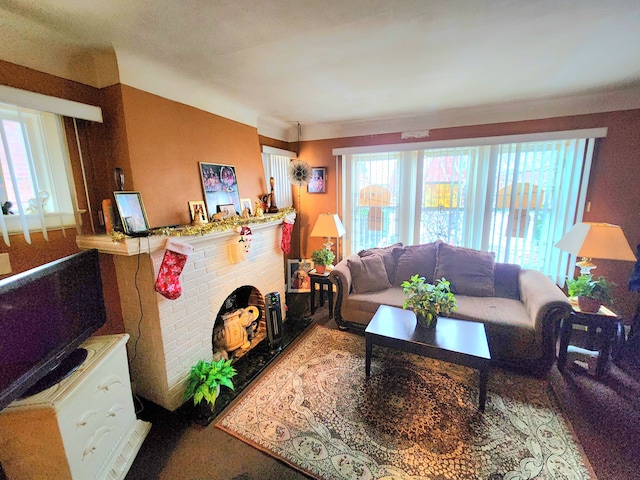 living room with a fireplace