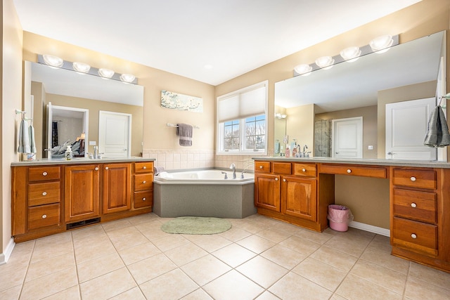 full bath featuring visible vents, a bath, walk in shower, vanity, and tile patterned flooring