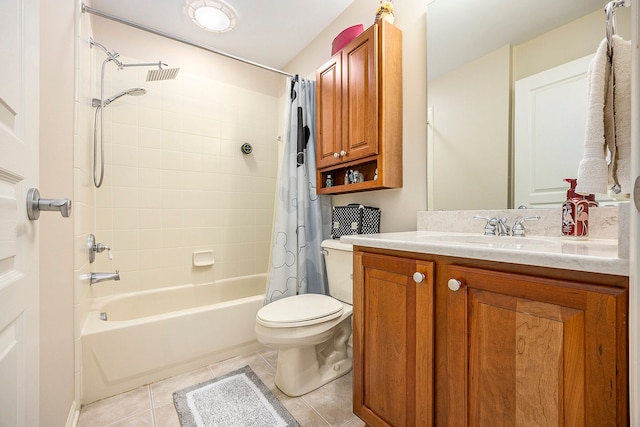 full bath with toilet, shower / bath combo with shower curtain, tile patterned flooring, and vanity