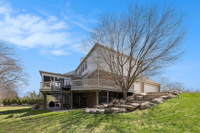 view of property exterior with a wooden deck, a lawn, brick siding, a garage, and stairs