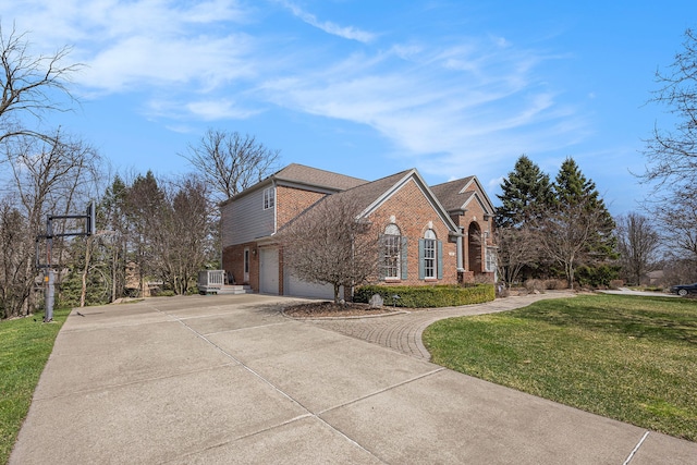 view of property exterior with brick siding, a yard, a garage, and concrete driveway
