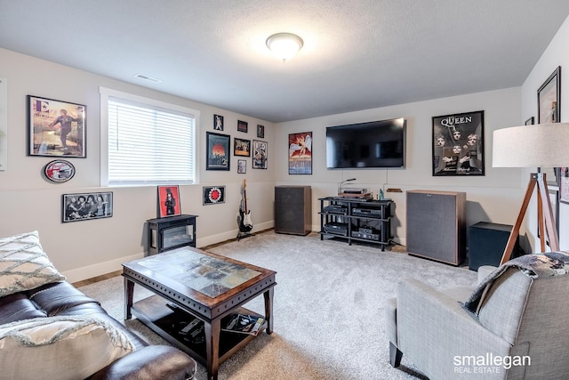 living room featuring a textured ceiling and light carpet