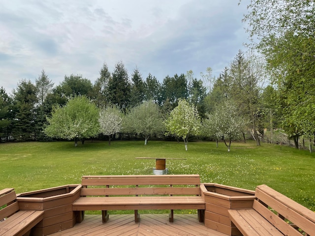 surrounding community with a wooden deck and a yard