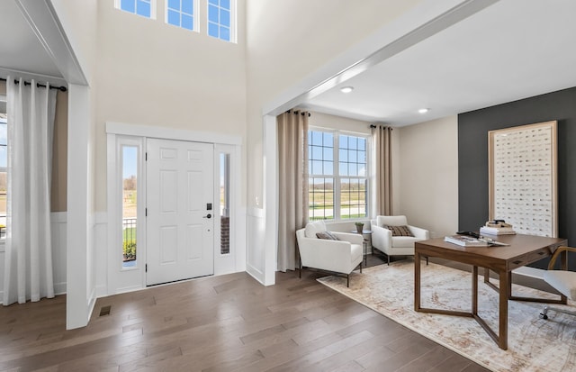 foyer entrance featuring dark hardwood / wood-style floors and a towering ceiling