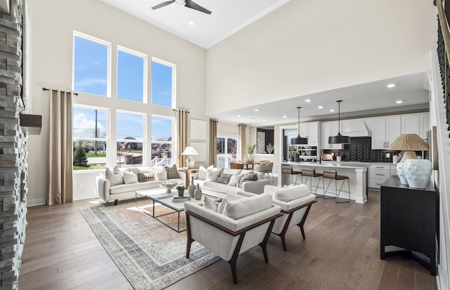 living room with dark wood-type flooring, ceiling fan, and a high ceiling