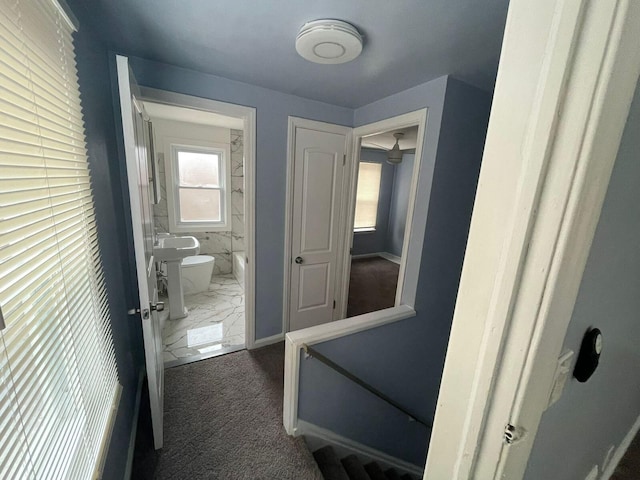 hallway with a healthy amount of sunlight and dark carpet